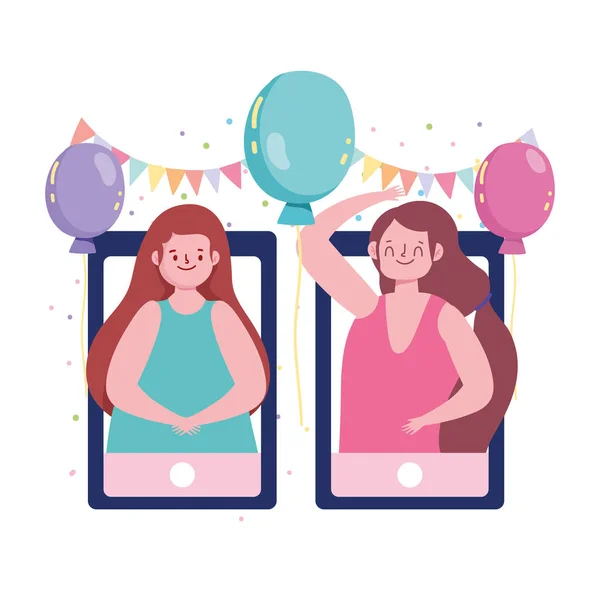 Fête en ligne, filles connectées avec des téléphones et des ballons décoration de fanions — Image vectorielle