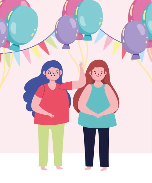 Festa celebração desenhos animados meninas com balões e galhardetes — Vetor de Stock