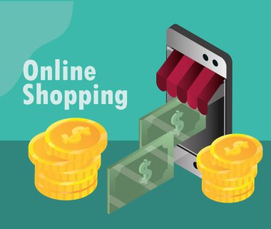 çevrimiçi alışveriş, akıllı telefon para aktarımı izometrik