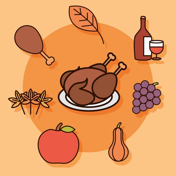 Den díkůvzdání, sezóna jídlo krůtí víno jablko dýně ikony — Stockový vektor