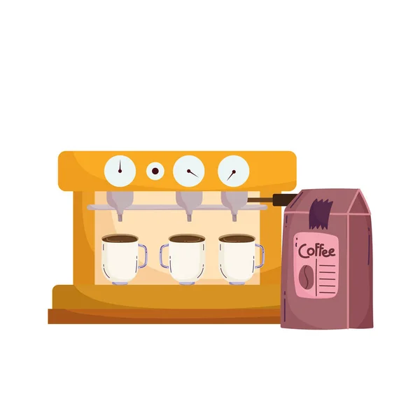 Kaffeezubereitung, Espressomaschine mit Tassen und Verpackung — Stockvektor