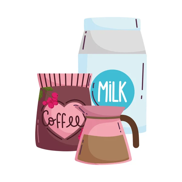 Kaffebryggningsmetoder, mjölkpaket och vattenkokare — Stock vektor