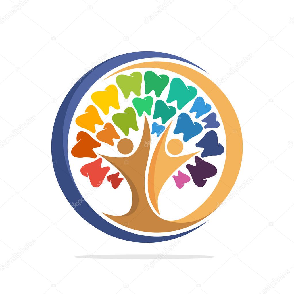 Illustration tree icon with the concept of togetherness of humans reaching for colorful teeth