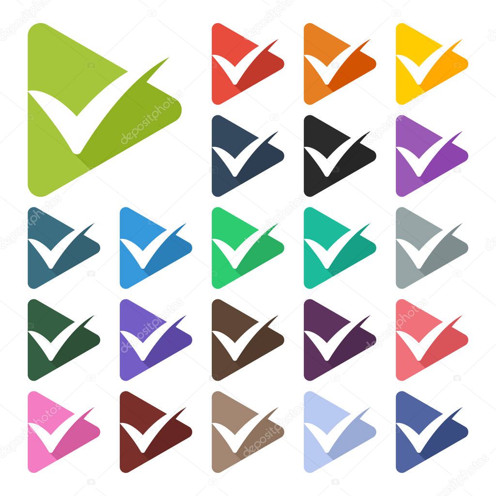 Vector illustration icon with the concept of combination play button and check-mark