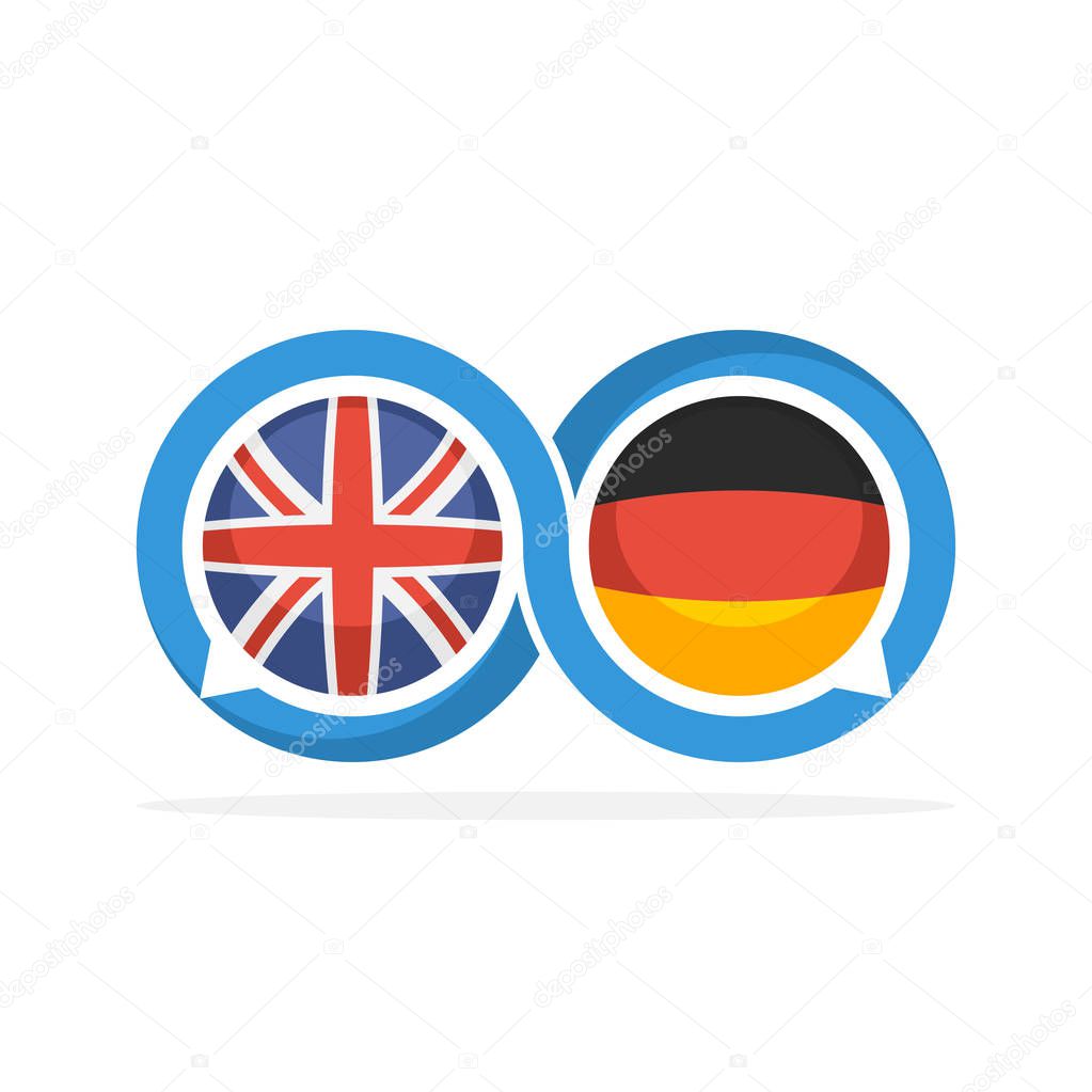 Illustrated icons with English and German communication concepts
