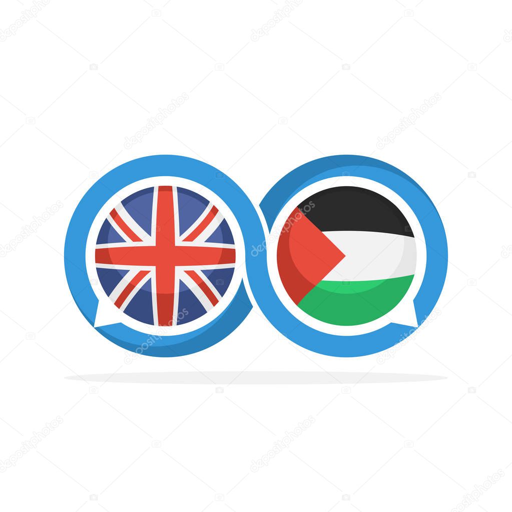 Illustrated icons with English and Palestinian communication concepts