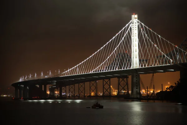 Lodě Kotví Bay Bridge Pozadí Noci San Francisco North Beach — Stock fotografie