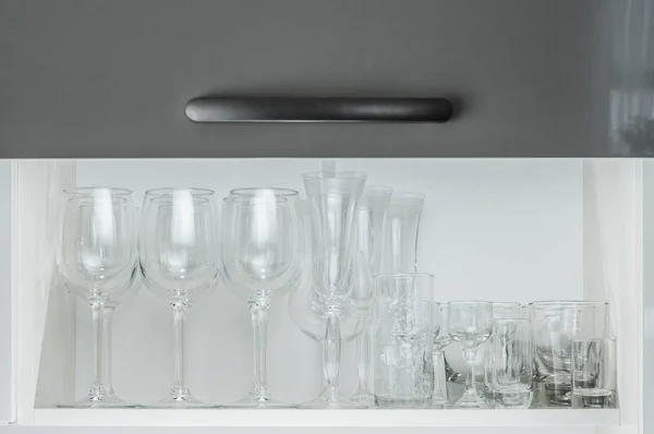 Different Glasses Liquor Shelf Kitchen — Stock Photo, Image