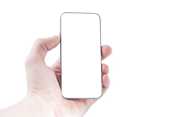 Ramlösa smartphone med en vit skärm i hand för att infoga en im — Stockfoto