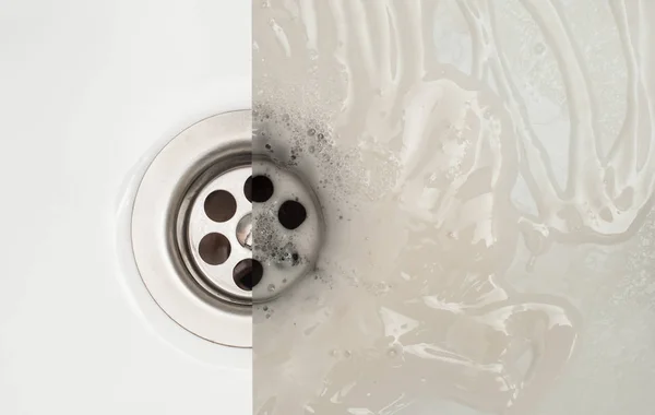 Limpieza de lavado de cerámica blanca con un gel especial, foto antes y — Foto de Stock