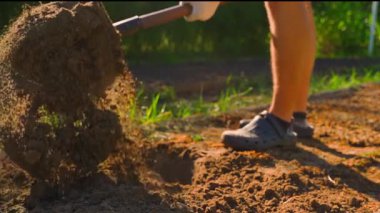 Bir bahçe yatağının toprağını kürekle yavaş çekimde kazma işlemi. Yüksek kaliteli FullHD görüntüler