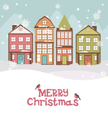 Sevimli Noel ve mutlu tatil tebrik kartı ile karikatür şehir. Vektör çizim