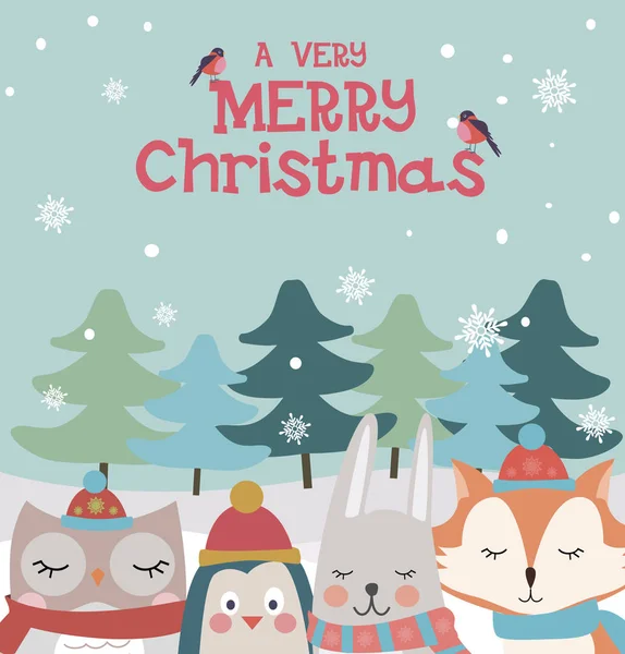 Linda Tarjeta Felicitación Navidad Con Divertidos Animales Personajes Ilustración Vectorial Ilustraciones de stock libres de derechos
