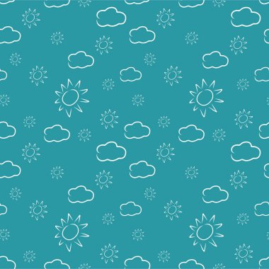 Yeşil arka plan üzerinde beyaz bulutlar ve güneş seamless modeli el çekilmiş