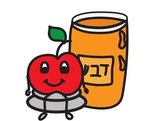 Honigglas Und Eine Sitzende Apfel Cartoonfigur — Stockvektor