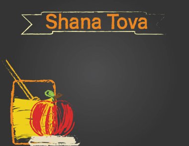 Rosh hashanah blackboard tebrik kartı. Shana tova afiş, kırmızı elma ve siyah arka plan üzerine bal