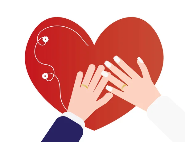 Zwei Hände Mit Trauringen Und Rotem Herz Auf Weißem Hintergrund — Stockvektor