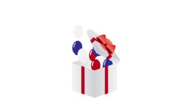 4 Temmuz animasyon. Kırmızı, mavi ve beyaz bir hediye kutusu uçan balonlar