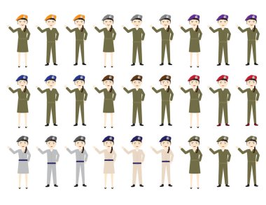Set Of cartoon soldiers Females and males with hats in different colors clipart
