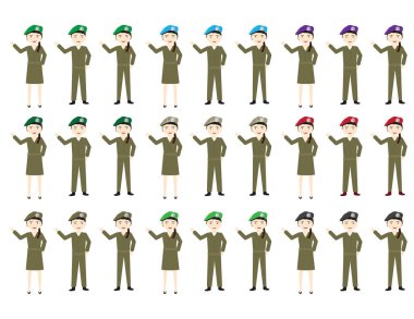 Set Of cartoon soldiers Females and males with hats in different colors clipart