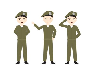 Male soldiers with green uniform and different poses - Stand, Hello, Salute clipart