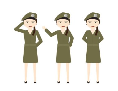 Female soldiers with green uniform skirt and different poses - Stand, Hello, Salute clipart