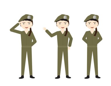 Female soldiers with green uniform and different poses - Stand, Hello, Salute clipart