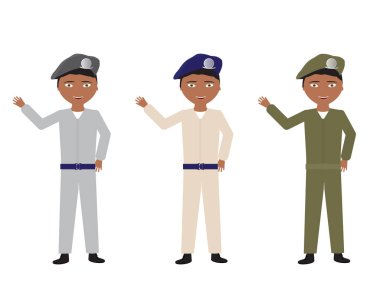 Male soldiers in Various uniform colors waving hello clipart