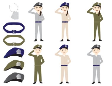 Set of cartoon soldiers, belts, hats and identity tag on White background clipart
