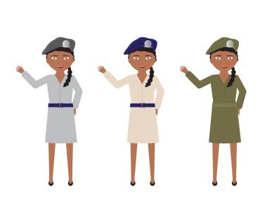 Female soldiers in Various uniform skirts colors waving hello clipart