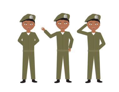 Male soldiers with green uniform and different poses - Stand, Hello, Salute clipart