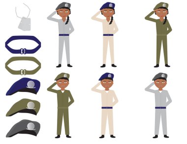 Set of cartoon soldiers, belts, hats and identity tag on White background clipart