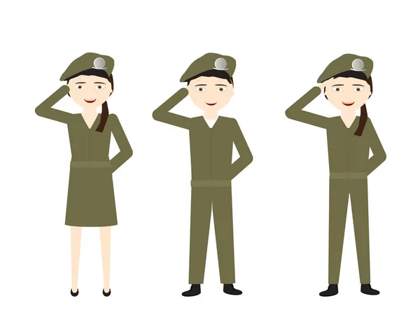 Set Cartoon Soldiers Green Uniforms Saluting White Background — Stock Vector