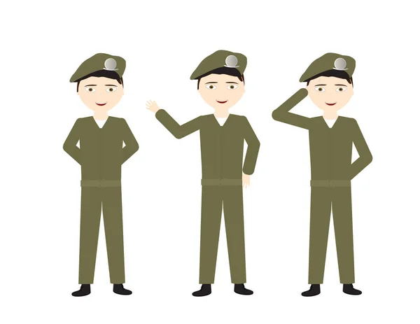 Erkek Askerler Yeşil Üniforma Farklı Pozlar Stand Merhaba Selam — Stok Vektör