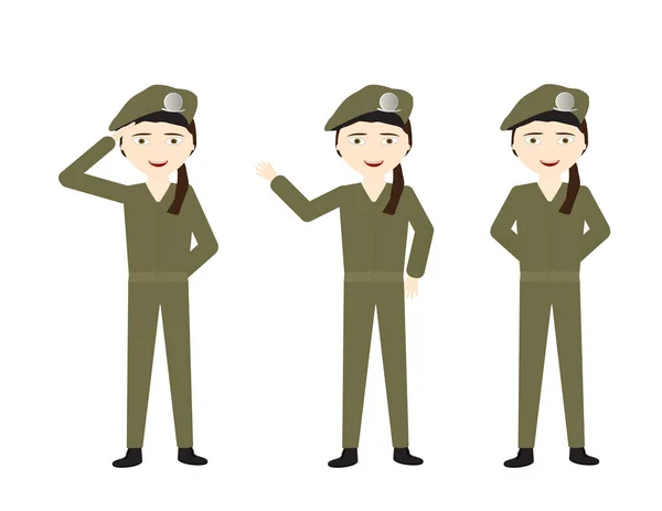 Kadın Askerler Yeşil Üniforma Farklı Pozlar Stand Merhaba Selam — Stok Vektör