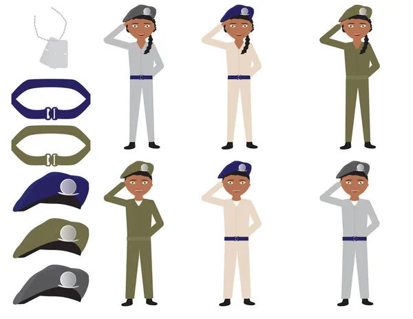 Çizgi Film Askerlerin Ayarla Kemer Şapka Kimlik Etiketi Beyaz Arka — Stok Vektör