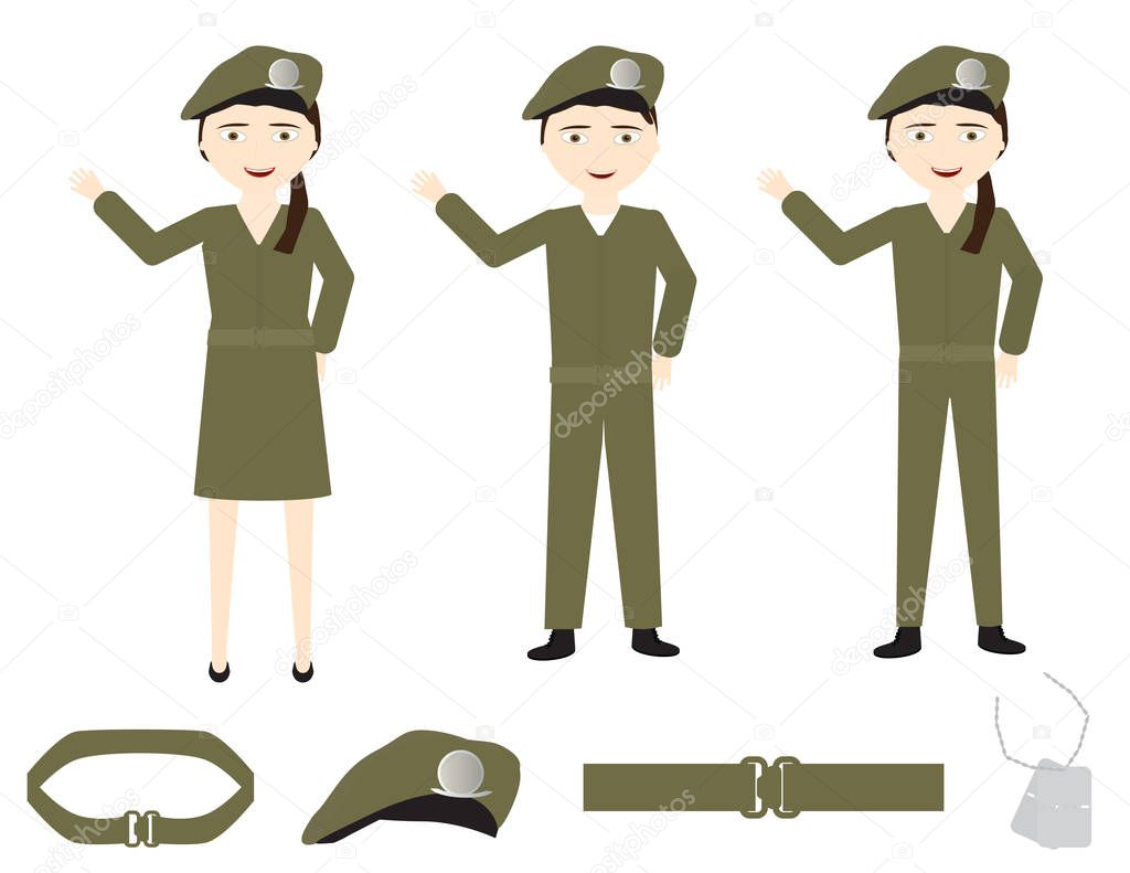 Set of cartoon soldiers with green uniforms, belts, hat and identity tag on White background