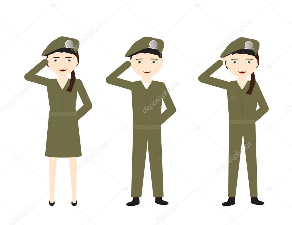 Set of cartoon soldiers with green uniforms saluting on White background