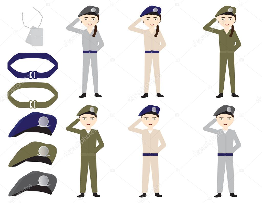 Set of cartoon soldiers, belts, hats and identity tag on White background