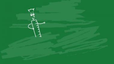 Okula geri arka plan hareketli. Doodle rakamlar kalem, cetvel ve defter, geri doğru okul metin üstünde yeşil tahta arka plan ile