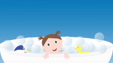 Banyo oyuncakları - tekne, ördek ve topu ile küçük şirin bebek kız
