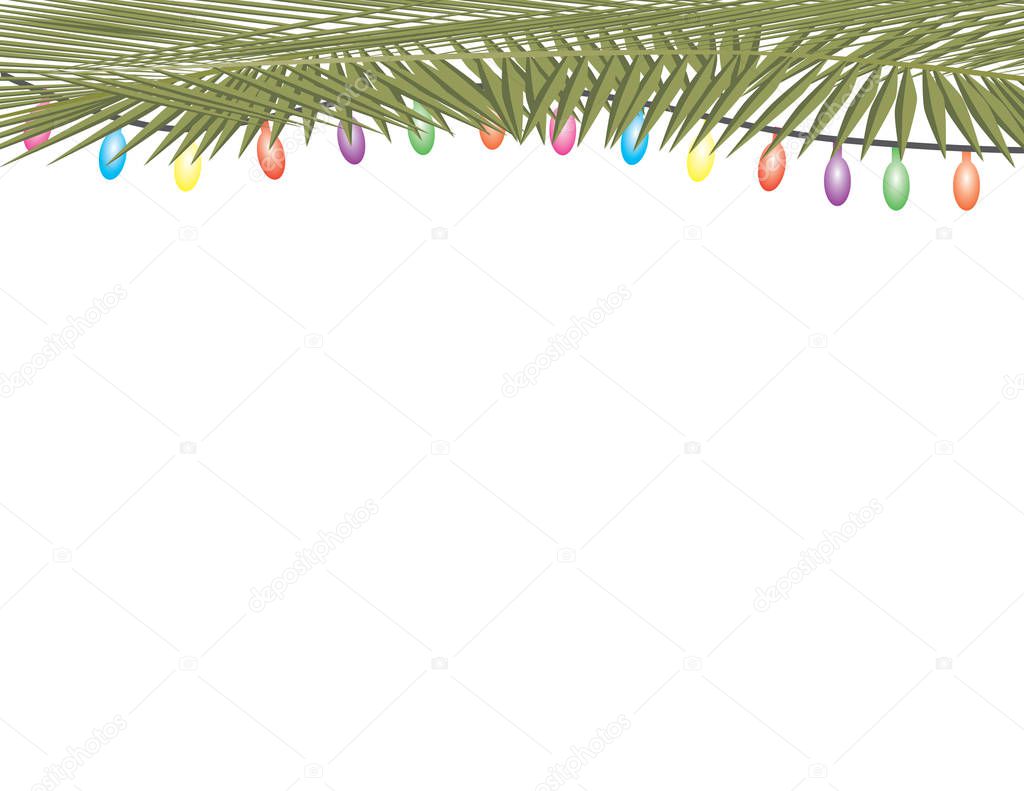 Palm tree leaves and colorful string lights on white background