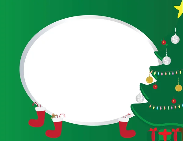 Modello Auguri Natalizi Con Albero Natale Decorato Regali Calze Rosse — Vettoriale Stock