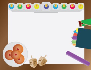 Hanuka Yahudi tatil vektör arka plan Hanukkah geleneksel öğeleri - Mora ve mumlar, çörek ve sevinçler