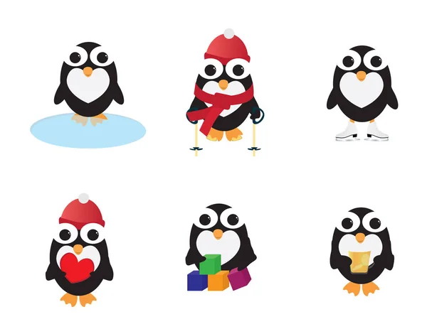 Reihe Von Niedlichen Pinguinen Verschiedene Aktivitäten Heißgetränk Halten Wasser Sitzen — Stockvektor