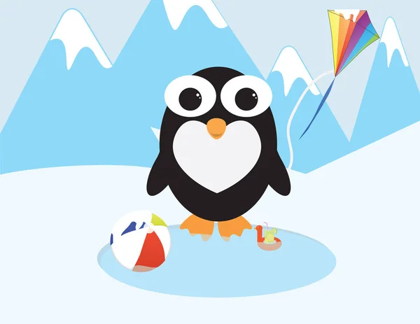 Netter Pinguin Sitzt Auf Eis Mit Wasser Beachball Und Drachen — Stockvektor