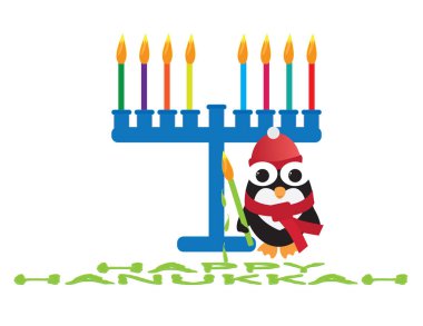 Mutlu Hanuka Kartı. Sevimli penguen kırmızı şapka ve atkı ayakta renkli mumlar ile mavi mora yakın yeşil mum tutan ve Mutlu Hanuka üzerinden tebrik oluşturma damlatın balmumu