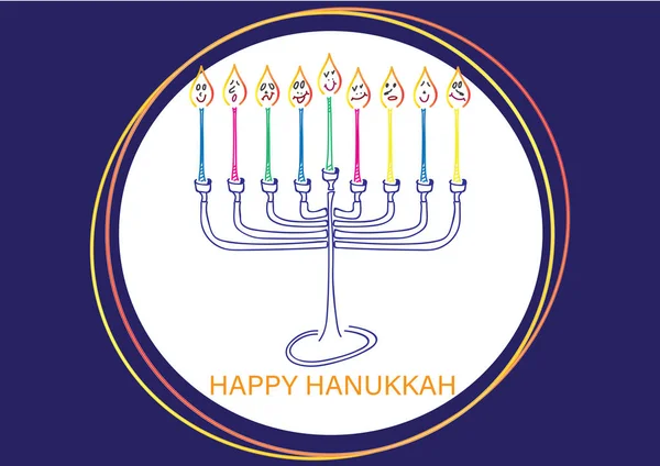 Happy Hanukkah Card Hand Drawn Menora Colorful Candles Face White — Stock Vector