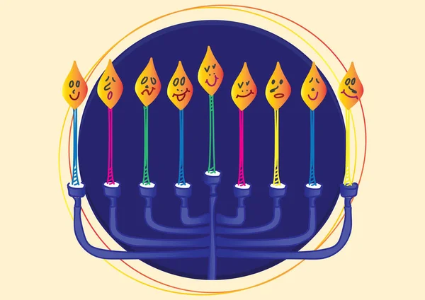Blaue Menora Und Neun Kerzen Mit Unterschiedlichem Gesichtsausdruck Dunkelblauer Kreis — Stockvektor
