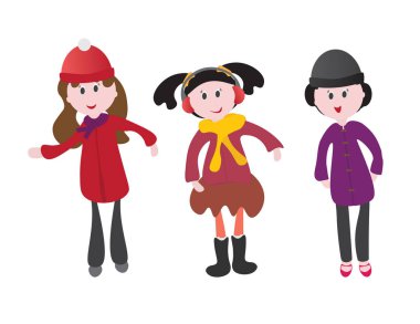 Kış giysileri beyaz zemin üzerinde üç kız